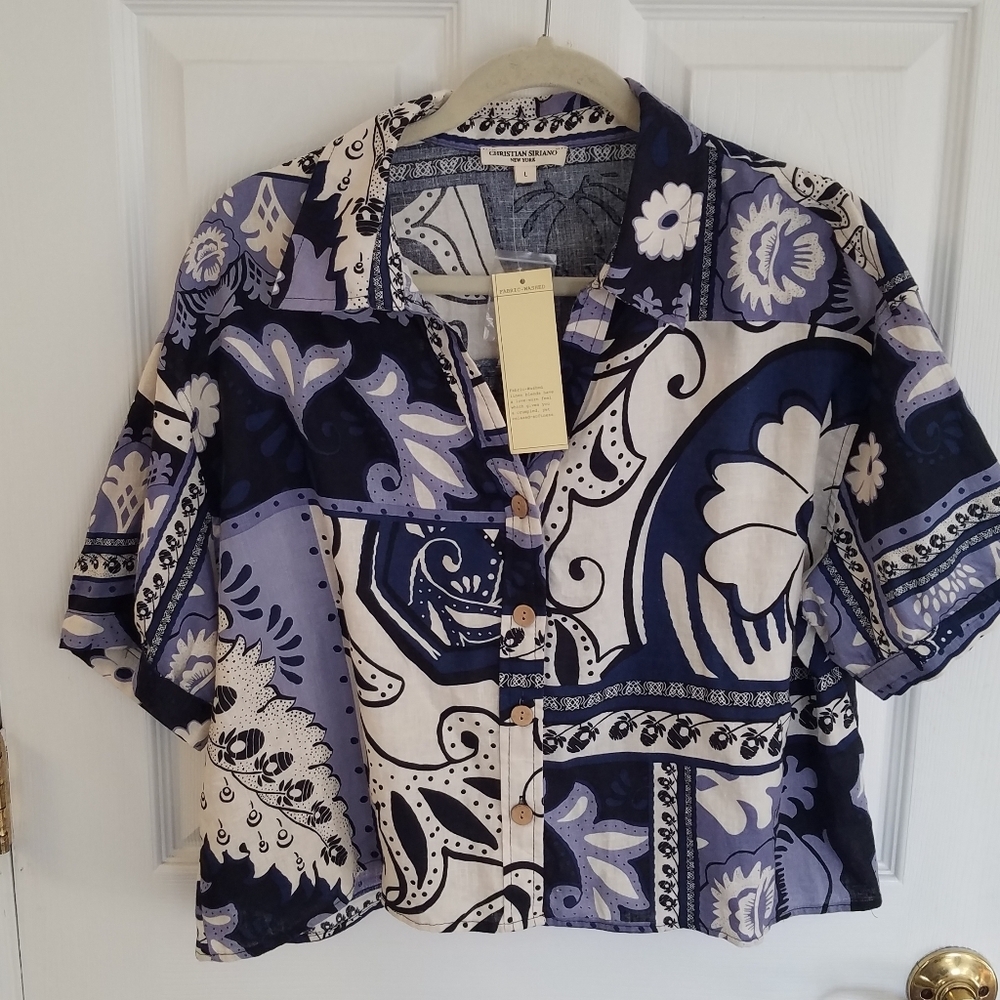 NWT Christian Siriano Linen Blend Short Sleeve Shirt Blue Floral Size Large